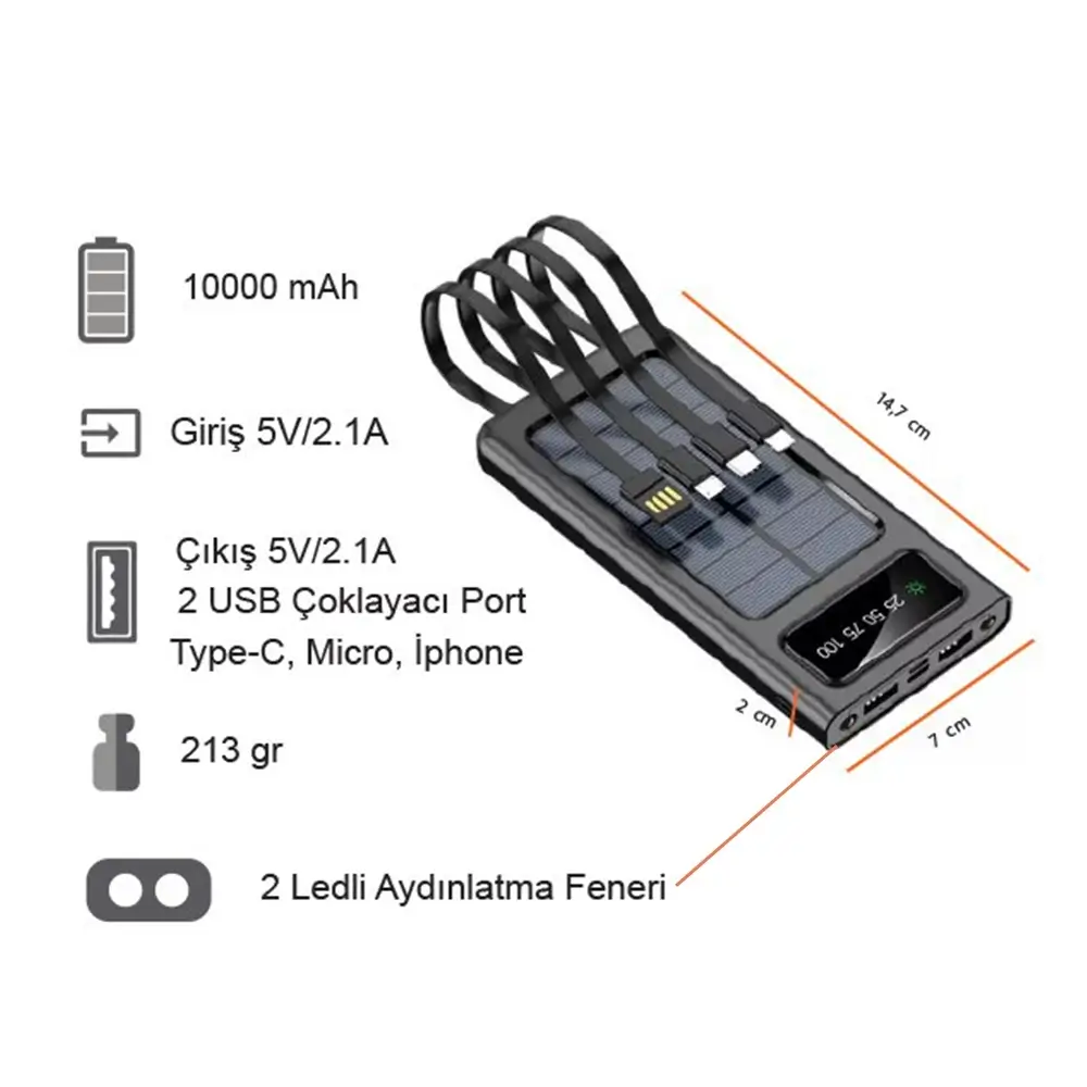 10000 mAh Solar Güneş Enerjili Powerbank ( Dahili Kablolu) Promozone