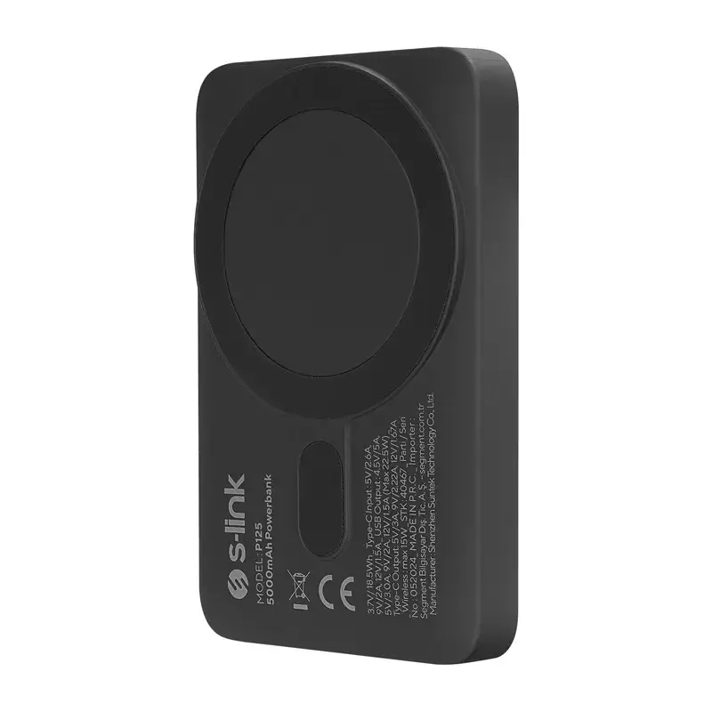 S-link P125 5000mAh PRM PD20W Type-C Şarj + QC3.0 18W Hızlı Şarj Sertifikalı 15W Kablosuz Wireless ve Magsafe Şarj ve Işıklı Logo Baskı Özellikli Taşınabilir Pil Şarj Cihazı Powerbank Promozone