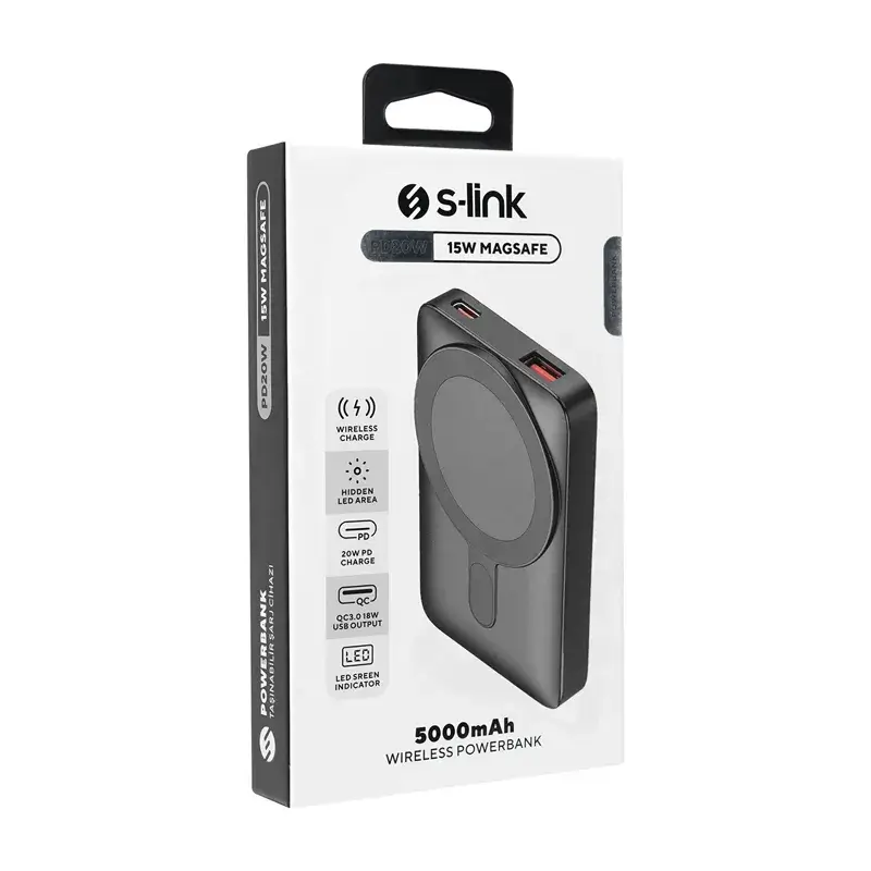S-link P125 5000mAh PRM PD20W Type-C Şarj + QC3.0 18W Hızlı Şarj Sertifikalı 15W Kablosuz Wireless ve Magsafe Şarj ve Işıklı Logo Baskı Özellikli Taşınabilir Pil Şarj Cihazı Powerbank Promozone