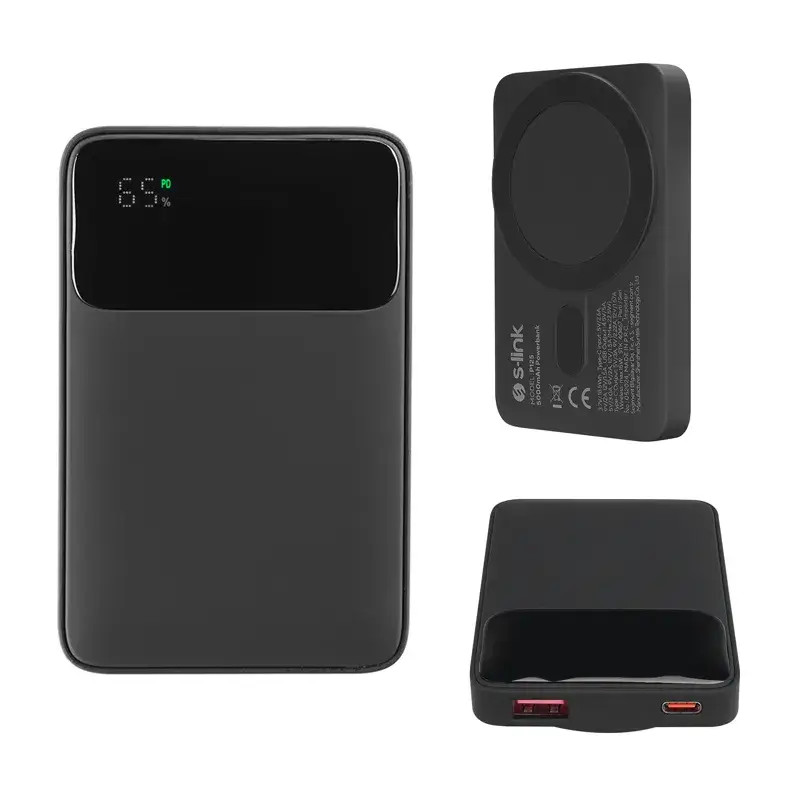 S-link P125 5000mAh PRM PD20W Type-C Şarj + QC3.0 18W Hızlı Şarj Sertifikalı 15W Kablosuz Wireless ve Magsafe Şarj ve Işıklı Logo Baskı Özellikli Taşınabilir Pil Şarj Cihazı Powerbank Promozone