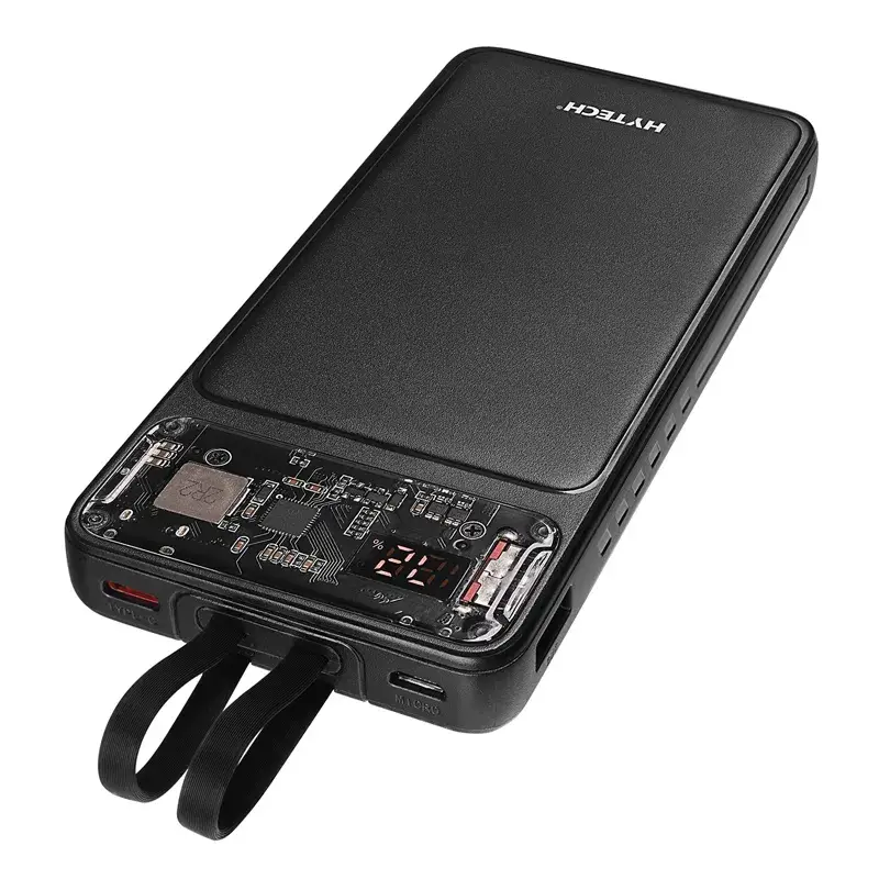 Hytech H120 10000mAh Type-C PD20W Hızlı Şarj+QC 3.0 18W Şarj Etme ve Dahili Micro USB ve Type-C Uyumlu Kablolu Dijital Ekranlı Taşınabilir Powerbank Promozone