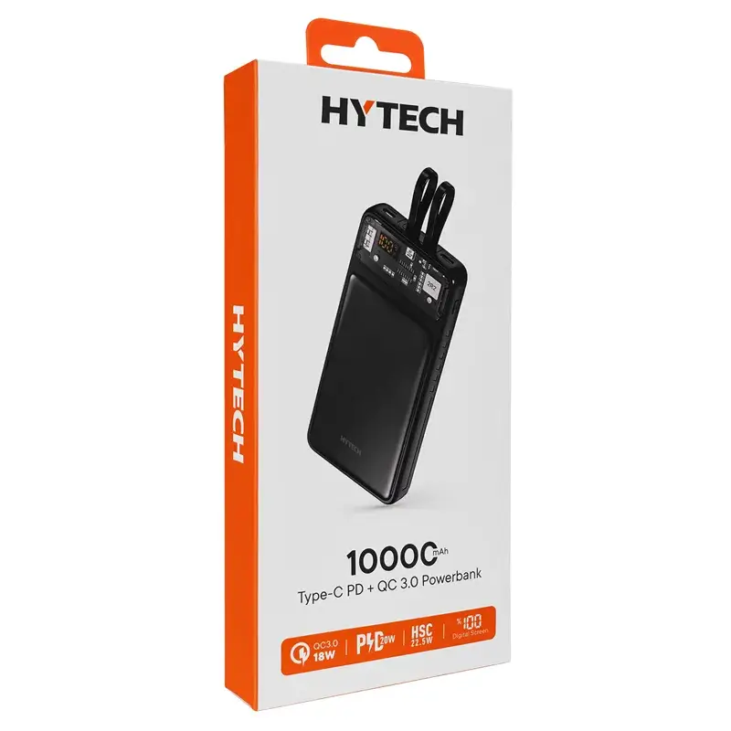 Hytech H120 10000mAh Type-C PD20W Hızlı Şarj+QC 3.0 18W Şarj Etme ve Dahili Micro USB ve Type-C Uyumlu Kablolu Dijital Ekranlı Taşınabilir Powerbank Promozone