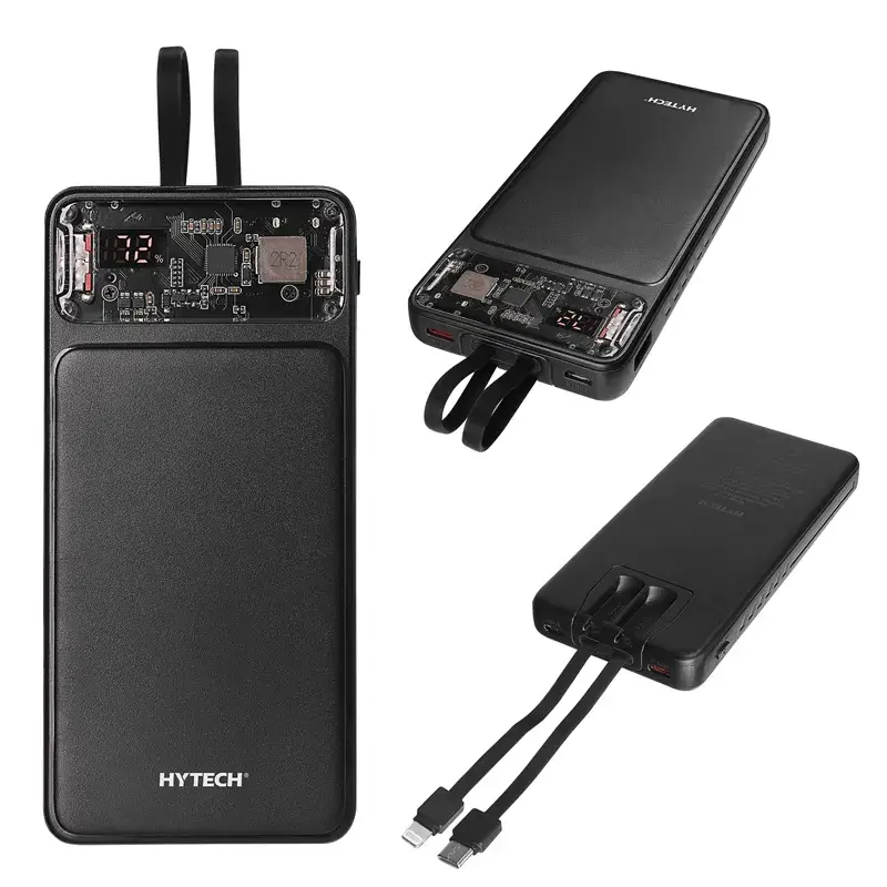 Hytech H120 10000mAh Type-C PD20W Hızlı Şarj+QC 3.0 18W Şarj Etme ve Dahili Micro USB ve Type-C Uyumlu Kablolu Dijital Ekranlı Taşınabilir Powerbank Promozone