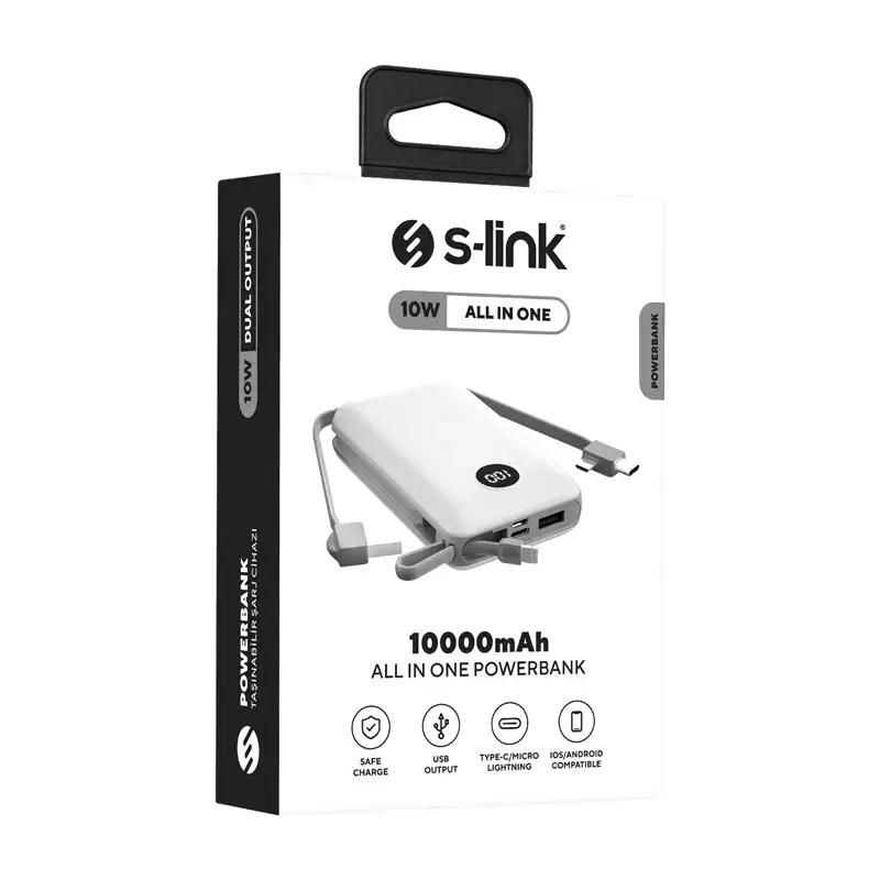 S-link P102 10000mAh All in One Dahili Kablolu 10W Hızlı Şarj 2 USB+Type-C+Micro+Lightning Girişli Led Ekranlı Taşınabilir Powerbank Promozone