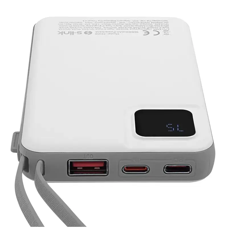 S-link M120 10000mAh Type-C PD20W Hızlı Şarj+QC 3.0 18W Şarj Kablosuz Wireless ve Magsafe 15W Şarj Dahili Type-C+Lightning Uyumlu Kablolu Dijital Ekranlı Taşınabilir Powerbank Promozone