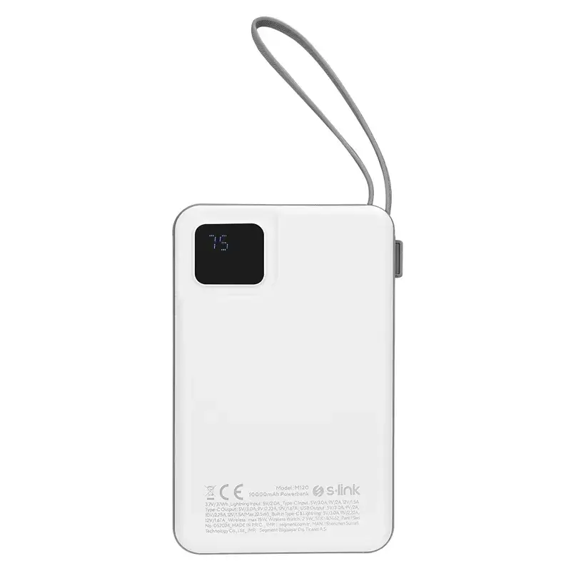 S-link M120 10000mAh Type-C PD20W Hızlı Şarj+QC 3.0 18W Şarj Kablosuz Wireless ve Magsafe 15W Şarj Dahili Type-C+Lightning Uyumlu Kablolu Dijital Ekranlı Taşınabilir Powerbank Promozone