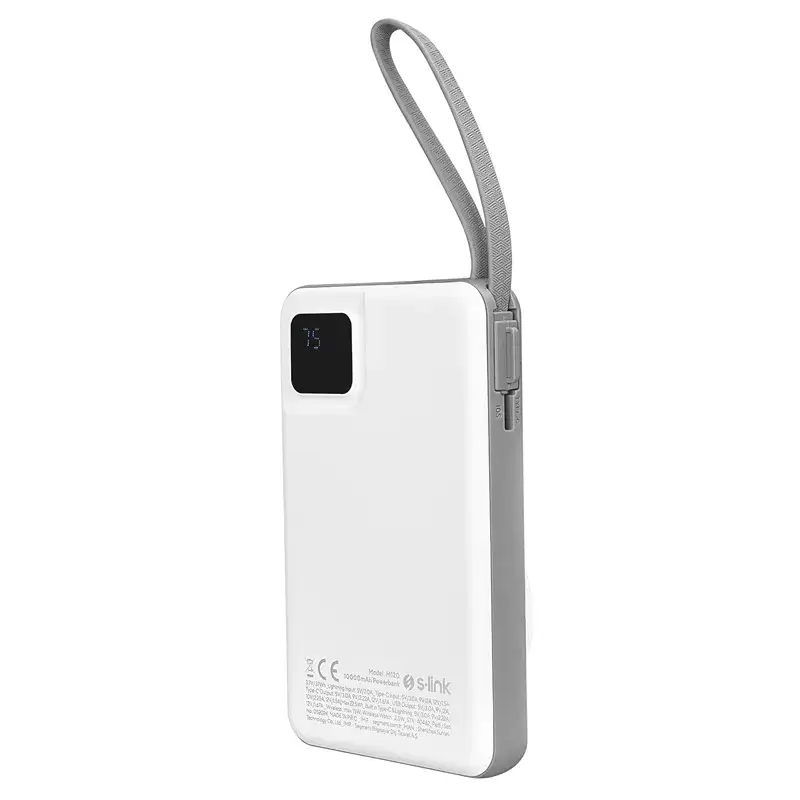 S-link M120 10000mAh Type-C PD20W Hızlı Şarj+QC 3.0 18W Şarj Kablosuz Wireless ve Magsafe 15W Şarj Dahili Type-C+Lightning Uyumlu Kablolu Dijital Ekranlı Taşınabilir Powerbank Promozone