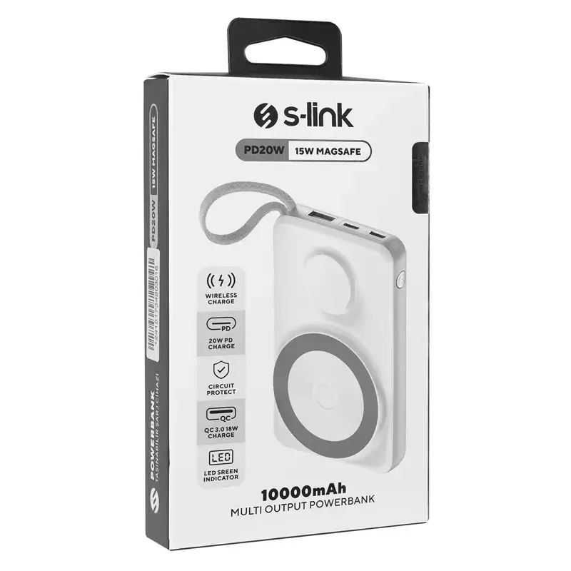 S-link M120 10000mAh Type-C PD20W Hızlı Şarj+QC 3.0 18W Şarj Kablosuz Wireless ve Magsafe 15W Şarj Dahili Type-C+Lightning Uyumlu Kablolu Dijital Ekranlı Taşınabilir Powerbank Promozone