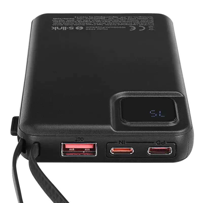 S-link M120 10000mAh Type-C PD20W Hızlı Şarj+QC 3.0 18W Şarj Kablosuz Wireless ve Magsafe 15W Şarj Dahili Type-C+Lightning Uyumlu Kablolu Dijital Ekranlı Taşınabilir Powerbank Promozone