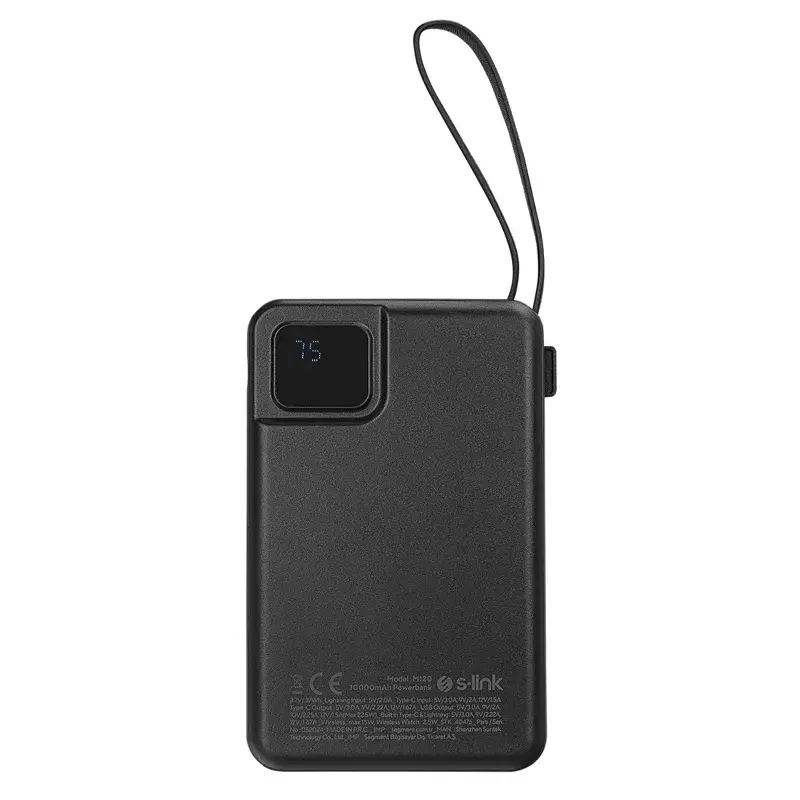 S-link M120 10000mAh Type-C PD20W Hızlı Şarj+QC 3.0 18W Şarj Kablosuz Wireless ve Magsafe 15W Şarj Dahili Type-C+Lightning Uyumlu Kablolu Dijital Ekranlı Taşınabilir Powerbank Promozone