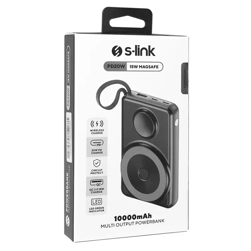 S-link M120 10000mAh Type-C PD20W Hızlı Şarj+QC 3.0 18W Şarj Kablosuz Wireless ve Magsafe 15W Şarj Dahili Type-C+Lightning Uyumlu Kablolu Dijital Ekranlı Taşınabilir Powerbank Promozone
