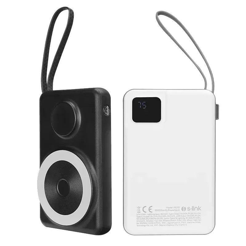 S-link M120 10000mAh Type-C PD20W Hızlı Şarj+QC 3.0 18W Şarj Kablosuz Wireless ve Magsafe 15W Şarj Dahili Type-C+Lightning Uyumlu Kablolu Dijital Ekranlı Taşınabilir Powerbank Promozone