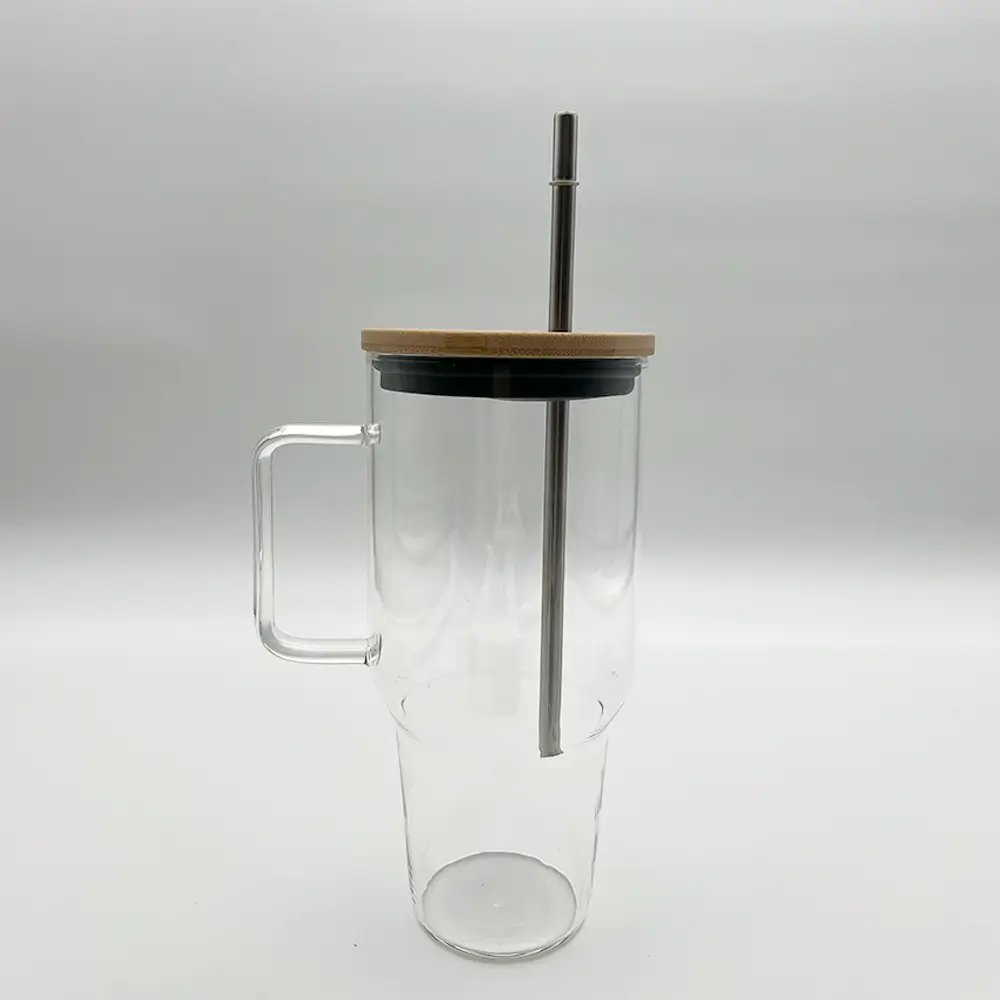 1000 ml Bambu Kapaklı Pipetli Cam Kupa Promozone
