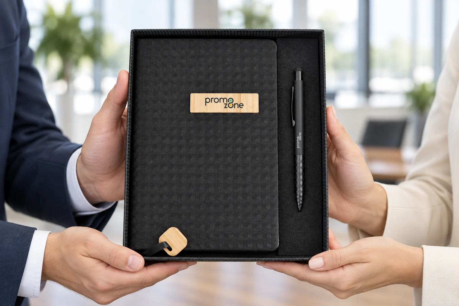14×21 Kumaş-Bambu Detaylı Defter & Touchpen Diamond Kalem Kutulu VIP Hediye Seti