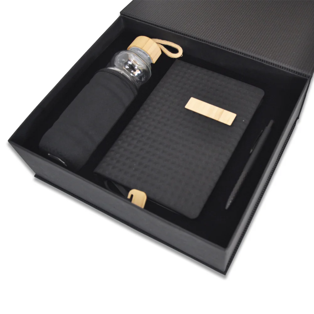 Bambu Kapaklı 500 ml Su Şişesi, Bambu Detaylı Defter & Touchpen Kalem Kutulu VIP Hediye Seti