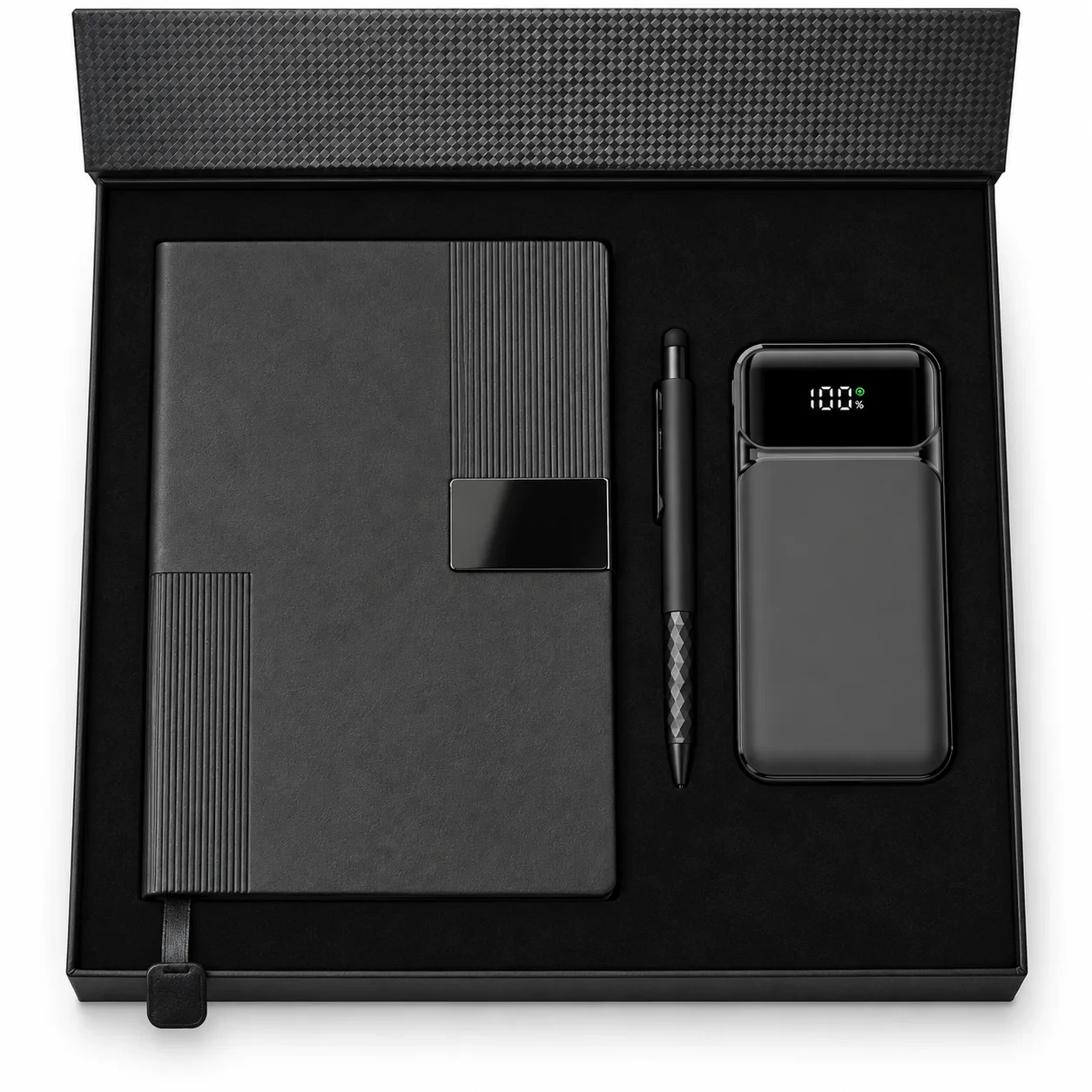 10.000 mAh Powerbank, Touchpen Diamond Kalem & 14×21 Termo Deri Sert Kapaklı Defter Kutulu VIP Hediye Seti