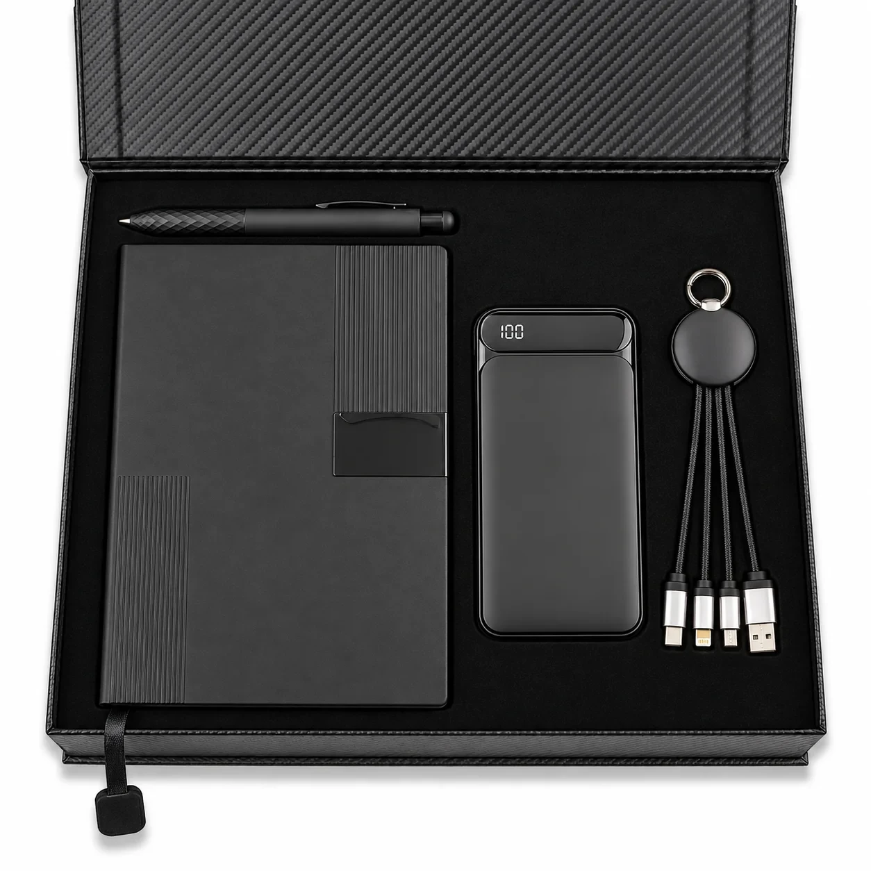 LED Logolu 10.000 mAh Powerbank, Çok Uçlu Kablo, Defter ve Diamond Kalem Kutulu Hediye Seti