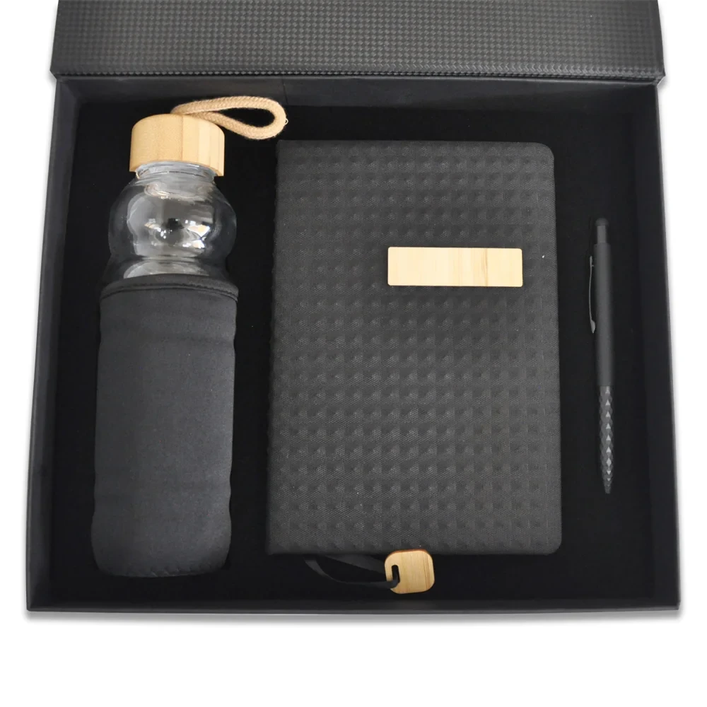 Bambu Kapaklı 500 ml Su Şişesi, Bambu Detaylı Defter & Touchpen Kalem Kutulu VIP Hediye Seti
