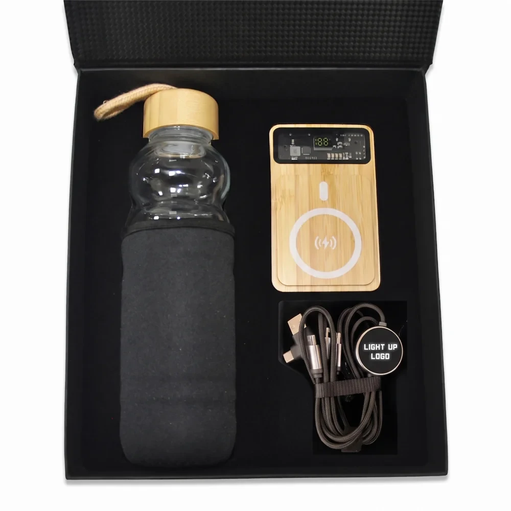 MagSafe Işıklı Bambu Powerbank, Çok Uçlu Şarj Kablosu & Bambu Kapaklı Kılıflı 500 ml Su Şişesi Kutulu VIP Hediye Seti