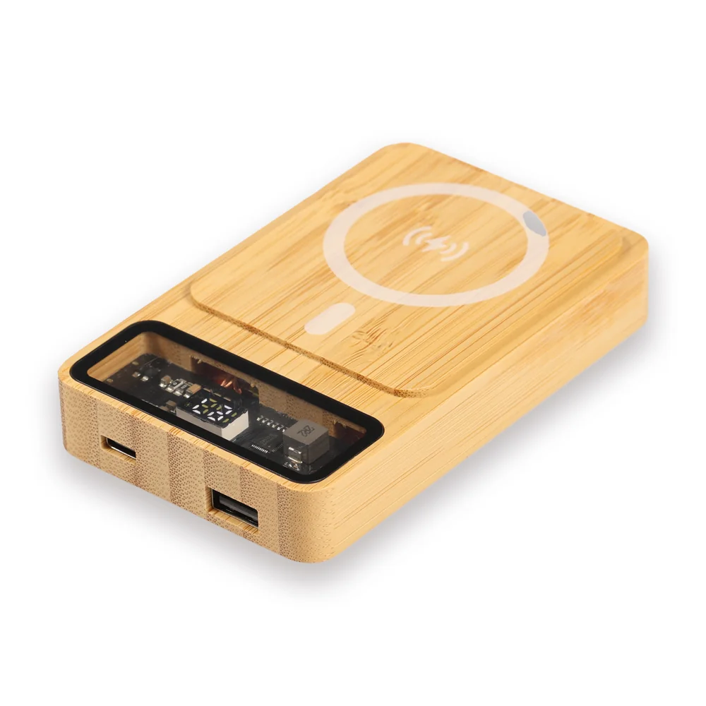 MagSafe Işıklı Bambu Powerbank, Çok Uçlu Şarj Kablosu & Bambu Kapaklı Kılıflı 500 ml Su Şişesi Kutulu VIP Hediye Seti
