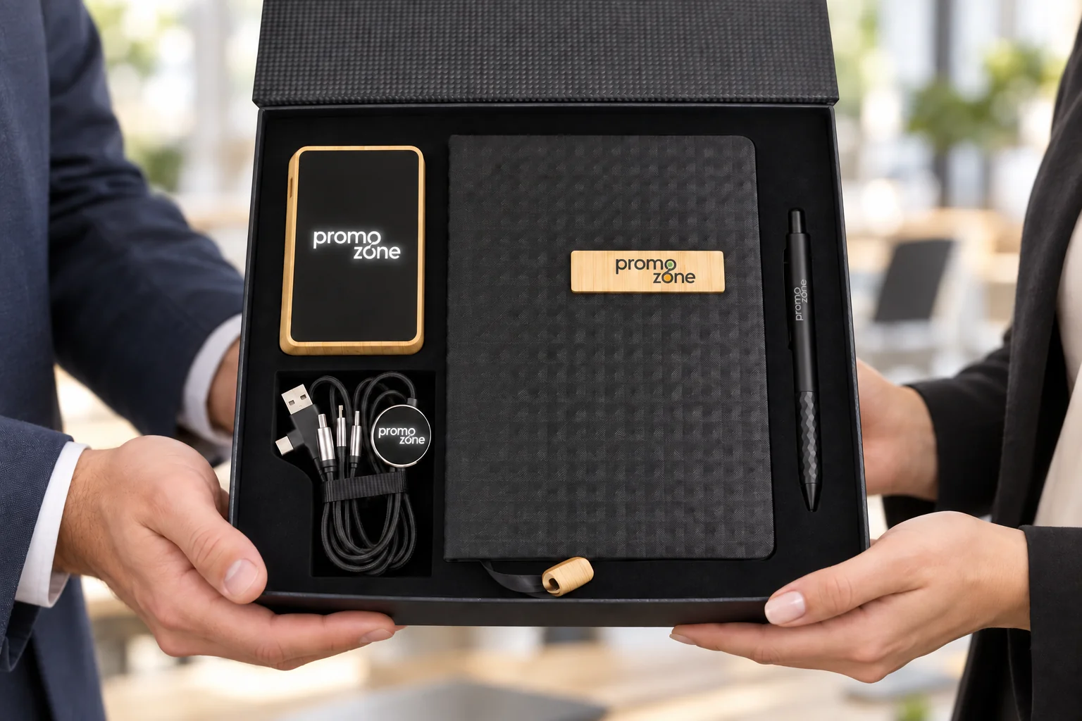 Bambu Powerbank, Çok Uçlu Şarj Kablosu, Kumaş-Bambu Detaylı Defter & Touchpen Diamond Kalem Kutulu VIP Hediye Seti