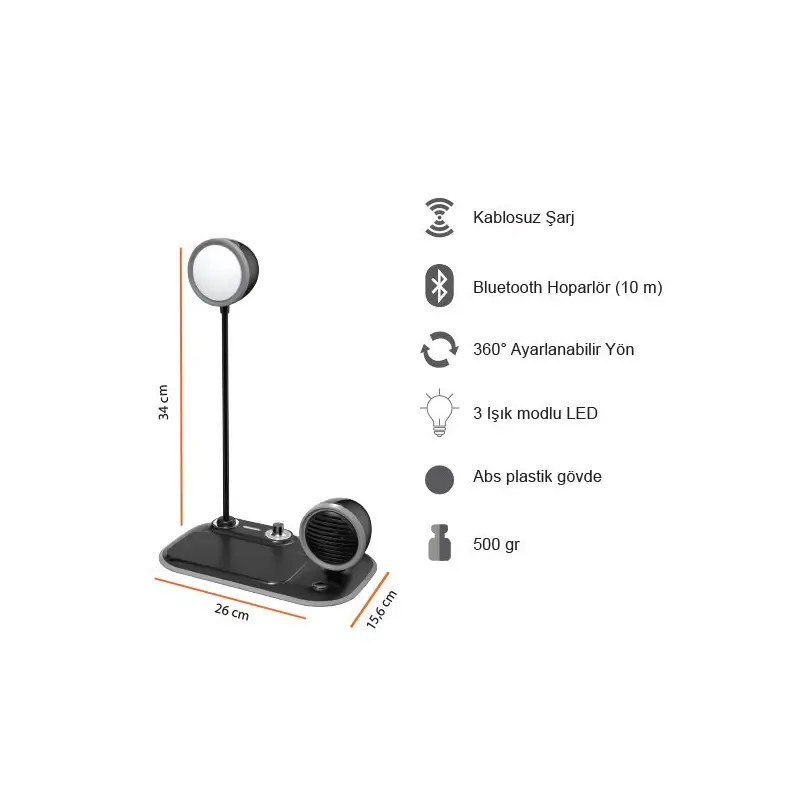 Kablosuz Şarj Özellikli Masaüstü Led Lamba + Bluetooth Hoparlör Promozone