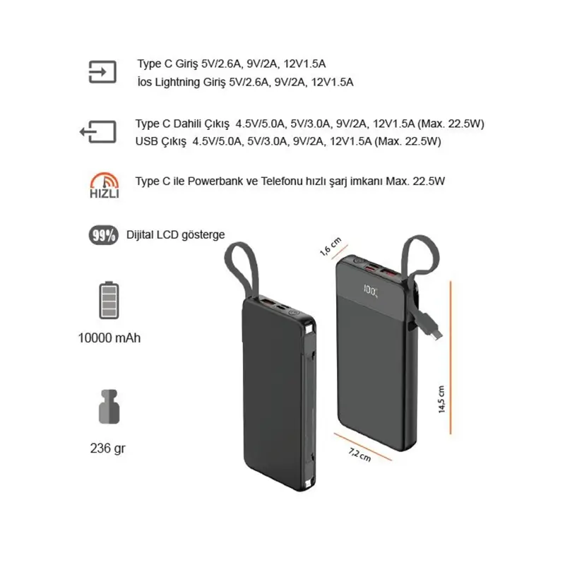 10000 mAh Dahili Kablolu 22,5W Hızlı Şarj Özellikli Powerbank Promozone
