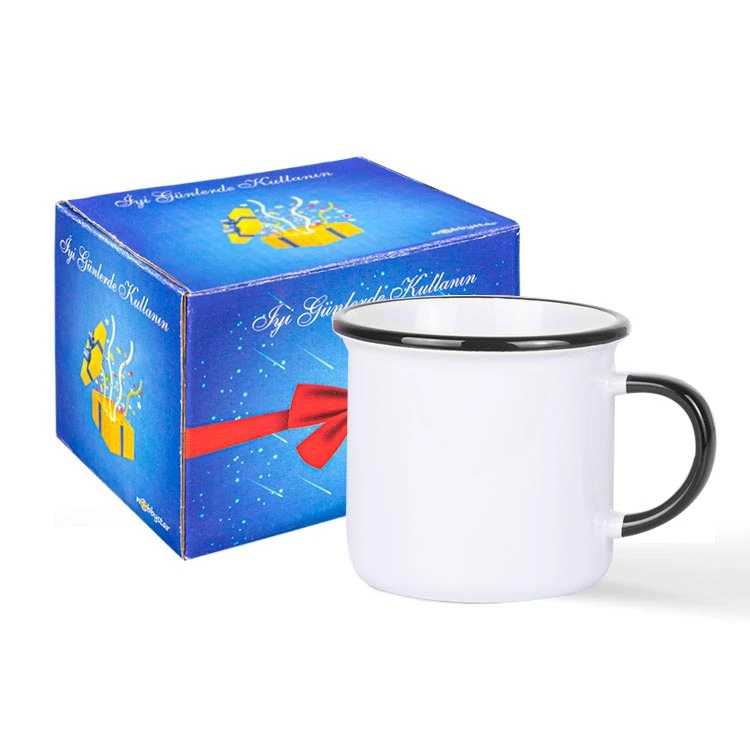 Süblimasyon Kulpu ve Ağız Çevresi Renkli Enamel Emaye Kupa - Kutulu Promozone