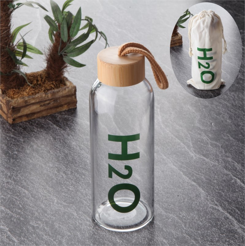 600 ml H2o Bambu Kapaklı Borosilikat Cam Matara Promozone