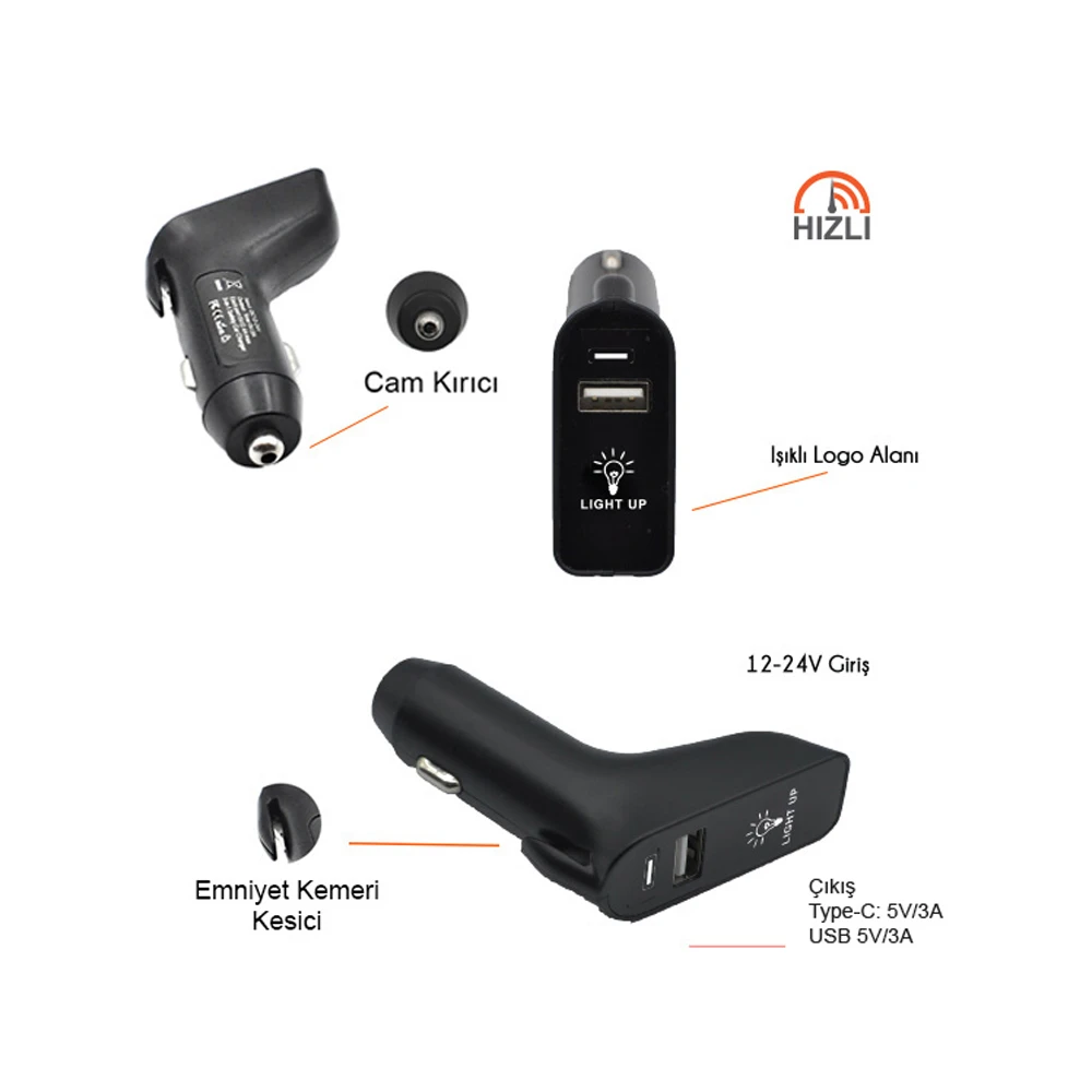 Çantalı Araç Şarj Seti - 60W Hızlı Araç Şarj Cihazı & Işıklı 60W Type-C Şarj Kablosu