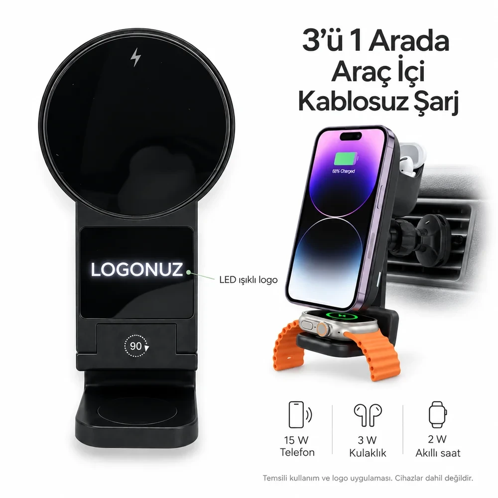 3’ü 1 Arada Araç İçi Kablosuz Şarj Standı (15W, LED Işıklı Logo) Promozone