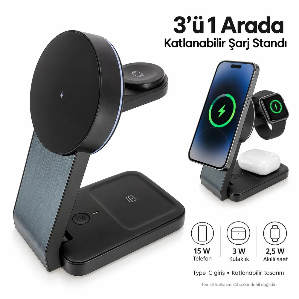 3’ü 1 Arada Katlanabilir Kablosuz Şarj Standı (15W, Type-C Girişli)