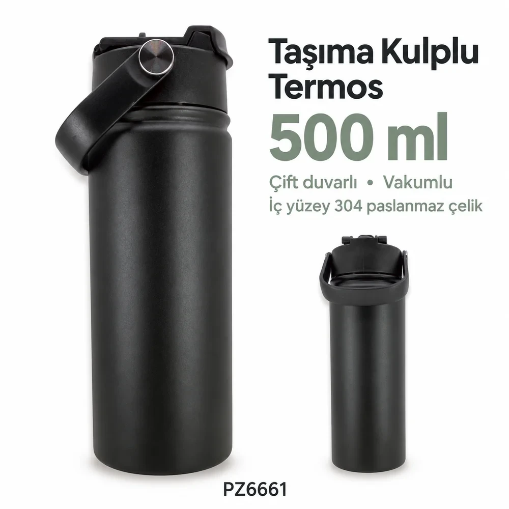 PZ6661 500 ml taşıma kulplu çift duvarlı vakumlu termos bardak