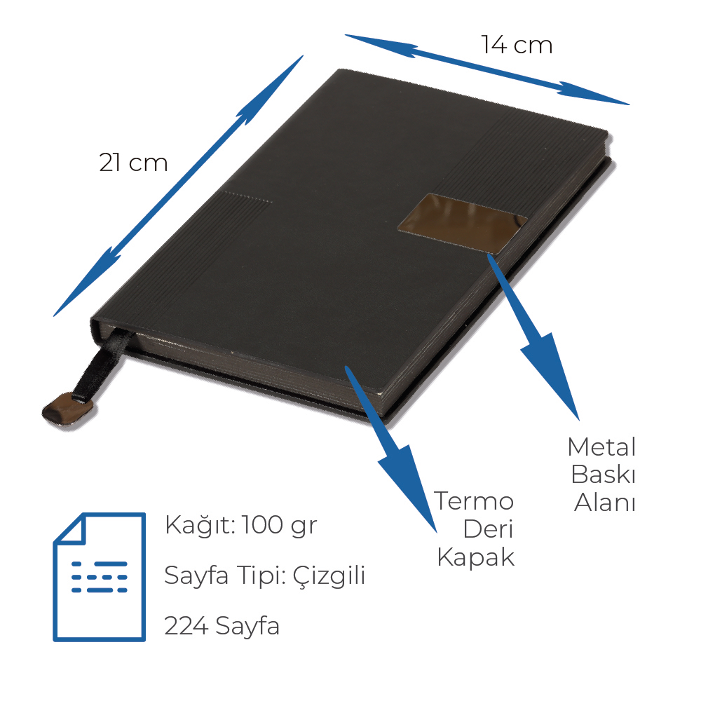 14 x 21 cm Termo Deri Sert Kapaklı Tarihsiz Defter, 224 Sayfa, 80gr Ivory İç Kağıt, Kenarları Boyalı, Metal Tokalı, Metal Baskı Alanı