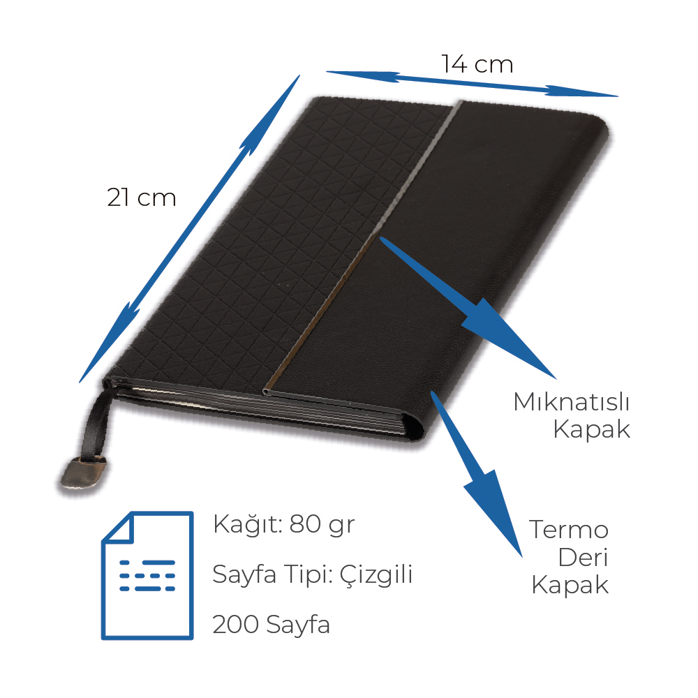 14 x 21 cm Termo Deri Mıknatıslı Yan Kapaklı Defter 200 Sayfa 70 gr Ivory Krem Çizgili İç Kağıt