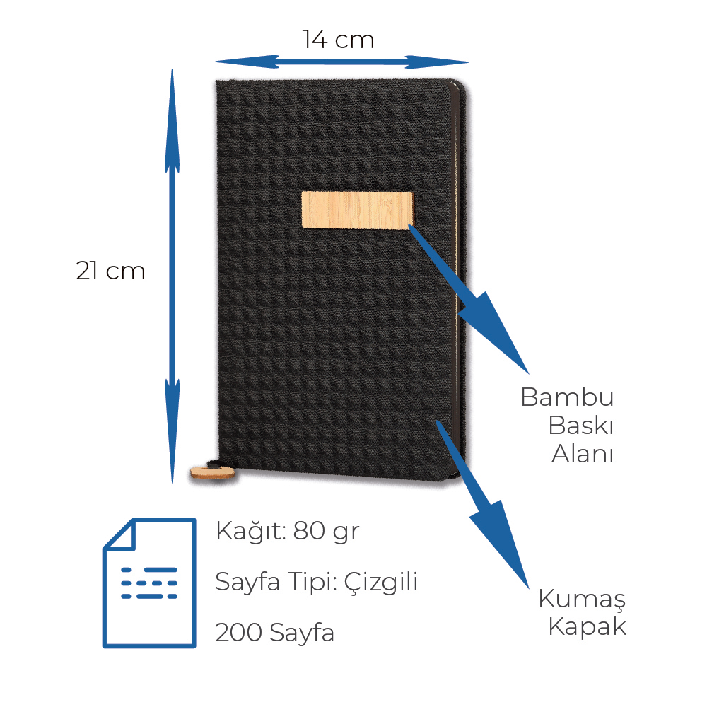14 x 21 cm Kumaş + Bambu Detaylı Kapaklı Defter 200 Sayfa 80 gr Ivory Krem Çizgili İç Kağıt Bambu Ayraç Tokalı