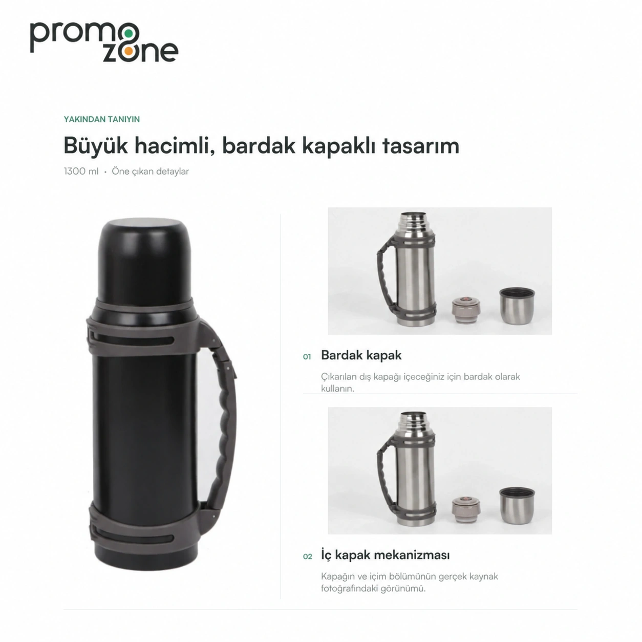 1300 ml Büyük Hacimli Bardak Kapaklı Termos