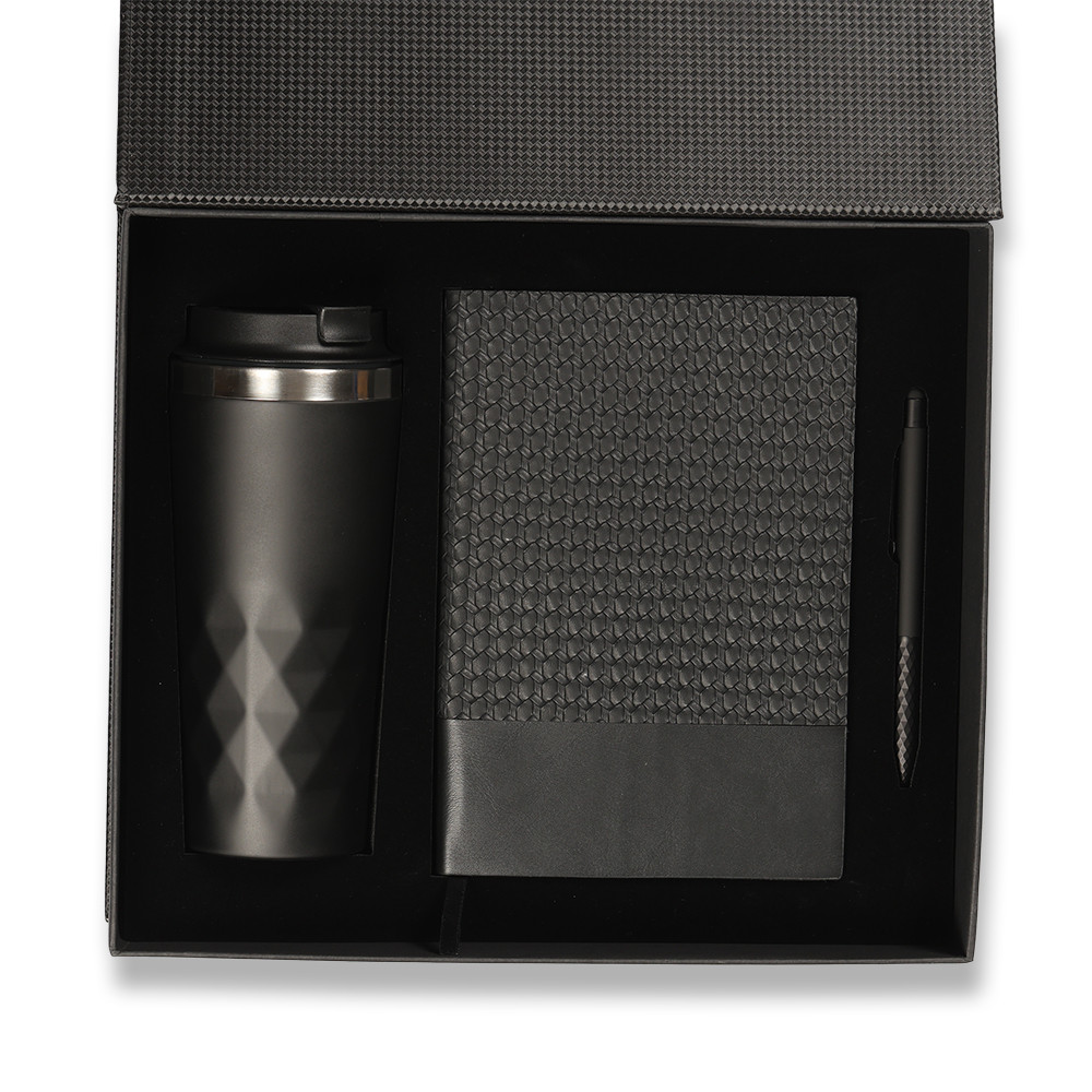 Touchpen Diamond Kalem, 14×21 Kenarları Boyalı Termo Deri Defter & 450 ml Termos Tipi Çelik Kupa Bardak Kutulu VIP Hediye Seti Promozone