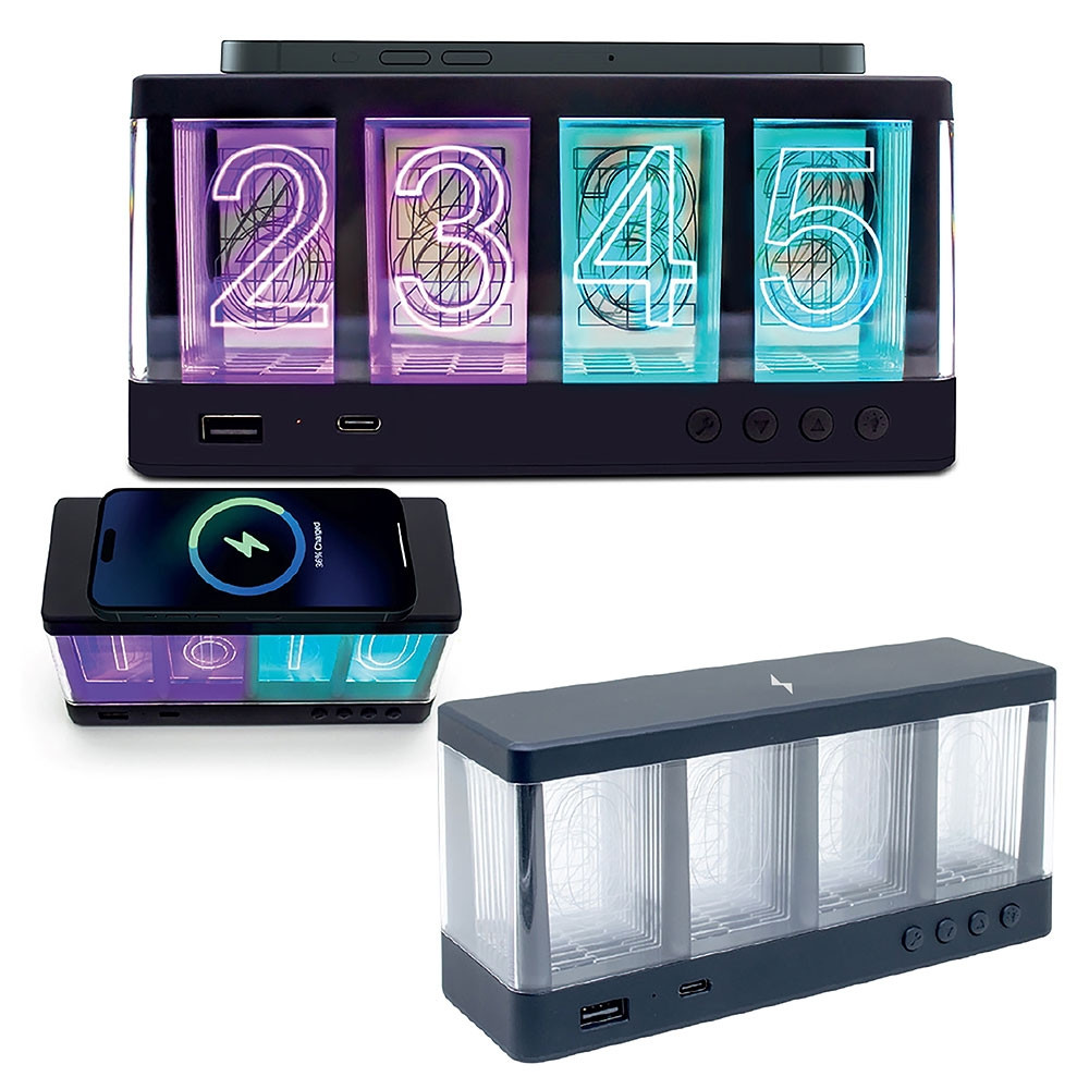 RGB Işıklı Panel Saatli Kablosuz Şarj Cihazı (15W Hızlı Şarj, Rubber Gövdeli) Promozone