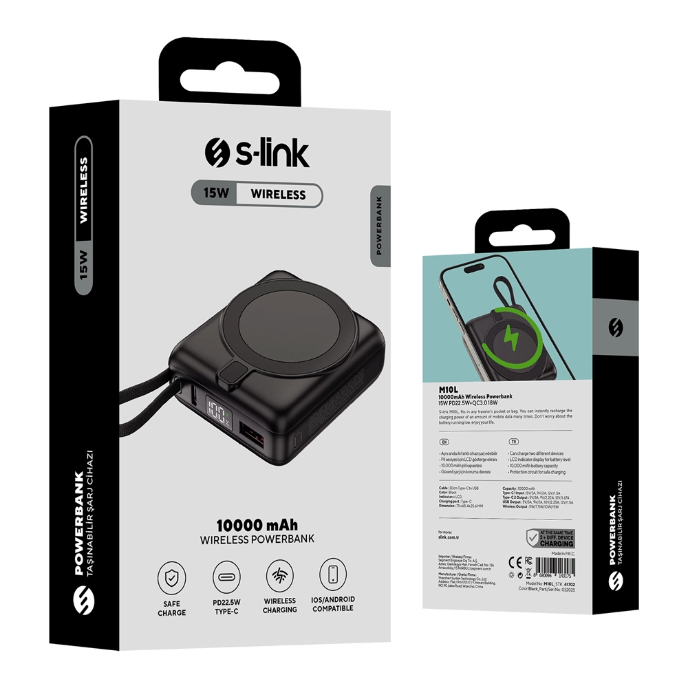 S-link M10L 10000mAh MagSafe 15W PD22.5W + QC3.0 18W LED Logo Şarj Cihazı Powerbank Promozone