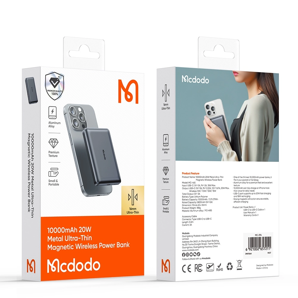 Mcdodo MC-4651 10000mAh 20W Metal Ultra İnce Magsafe Uyumlu Manyetik Kablosuz Powerbank Promozone