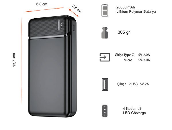 20.000 mAh Çift USB Girişli LED Göstergeli Powerbank Promozone