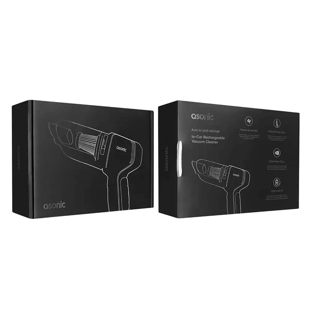 Asonic S2025 Gri/Siyah Kablosuz Üflemeli Mini Araç El Şarjlı Süpürgesi 120W 2000mAh 9000PA Emiş Promozone