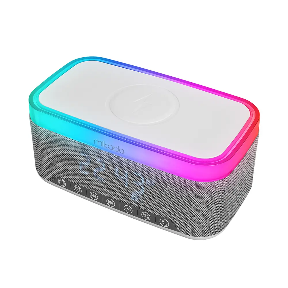 Mikado MD-W8 1200mAh 10W Gri Bluetooth-Usb-Kablosuz Şarj RGB-Gece Lambası Özellikli Alarmlı Saat Speaker Hoparlör