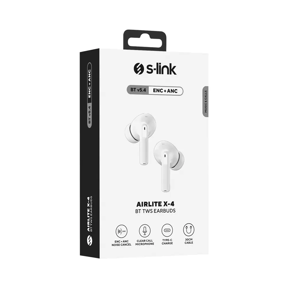 S-link AirLite X-4 Beyaz 4 Mikrofonlu ENC + ANC Bluetooth V5.4 TWS Gerçek Kablosuz Kulaklık Promozone