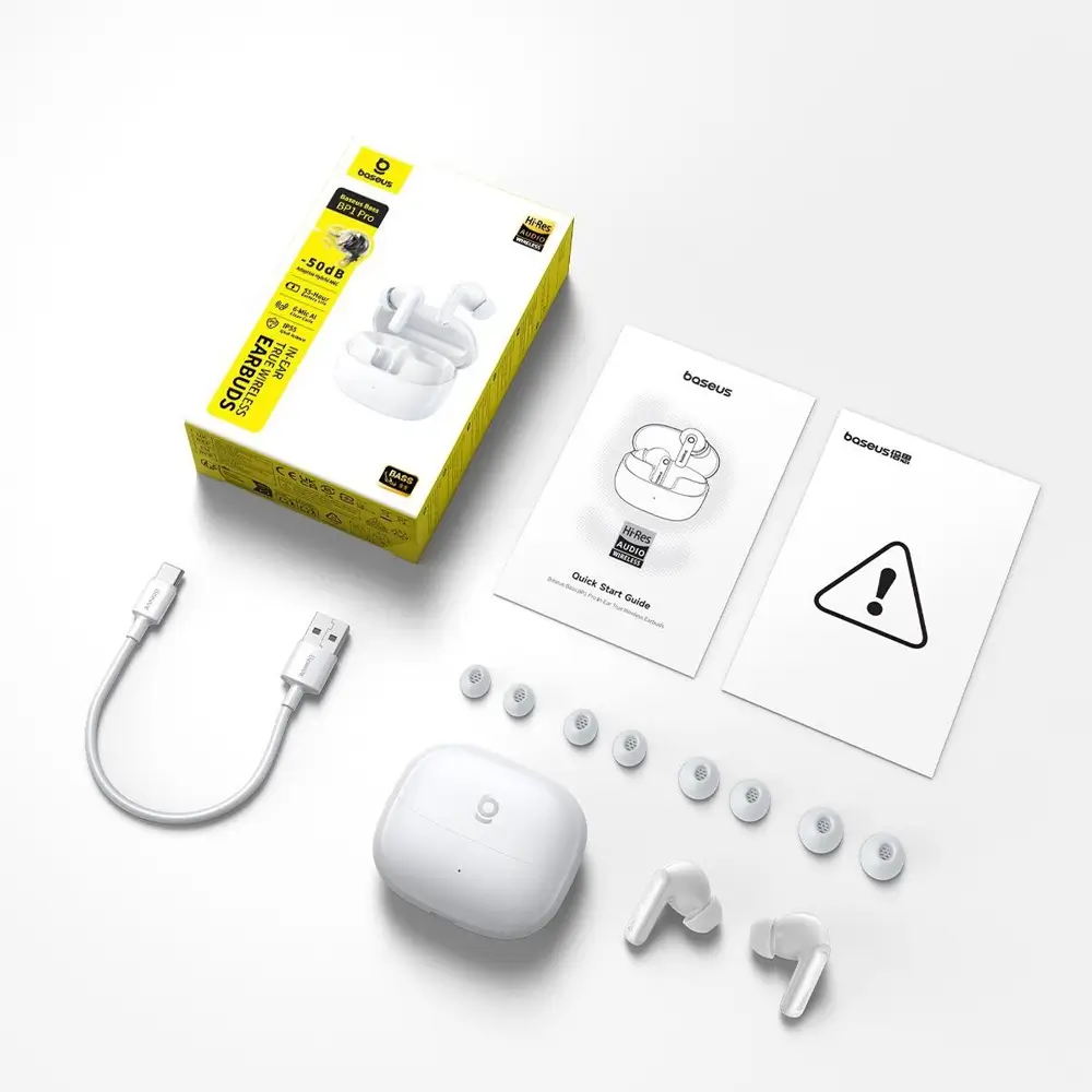 Baseus Bass BP1 Pro 50 dB Gürültü Engellemeli Kablosuz Kulaklık, 6 Mikrofonlu AI Net Arama, IP55, 55 Saat Oynatma Süresi, Bluetooth 6.0, Beyaz Promozone