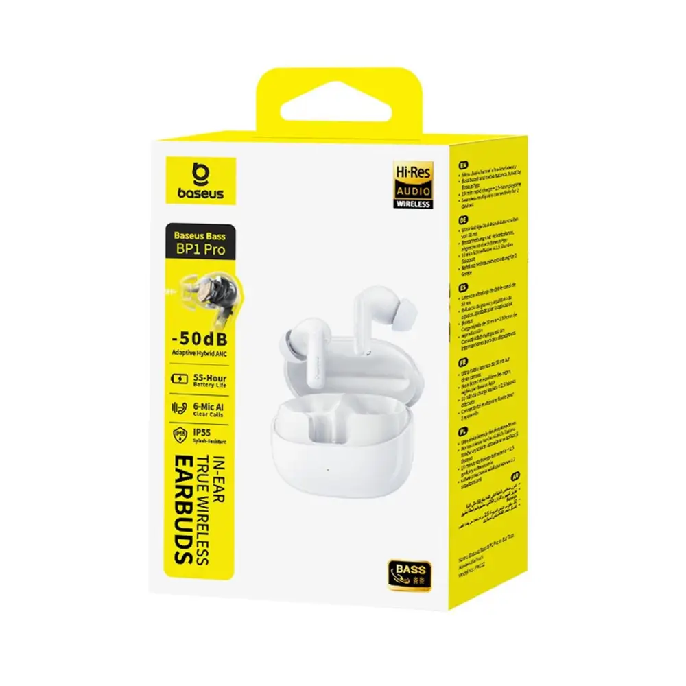 Baseus Bass BP1 Pro 50 dB Gürültü Engellemeli Kablosuz Kulaklık, 6 Mikrofonlu AI Net Arama, IP55, 55 Saat Oynatma Süresi, Bluetooth 6.0, Beyaz Promozone