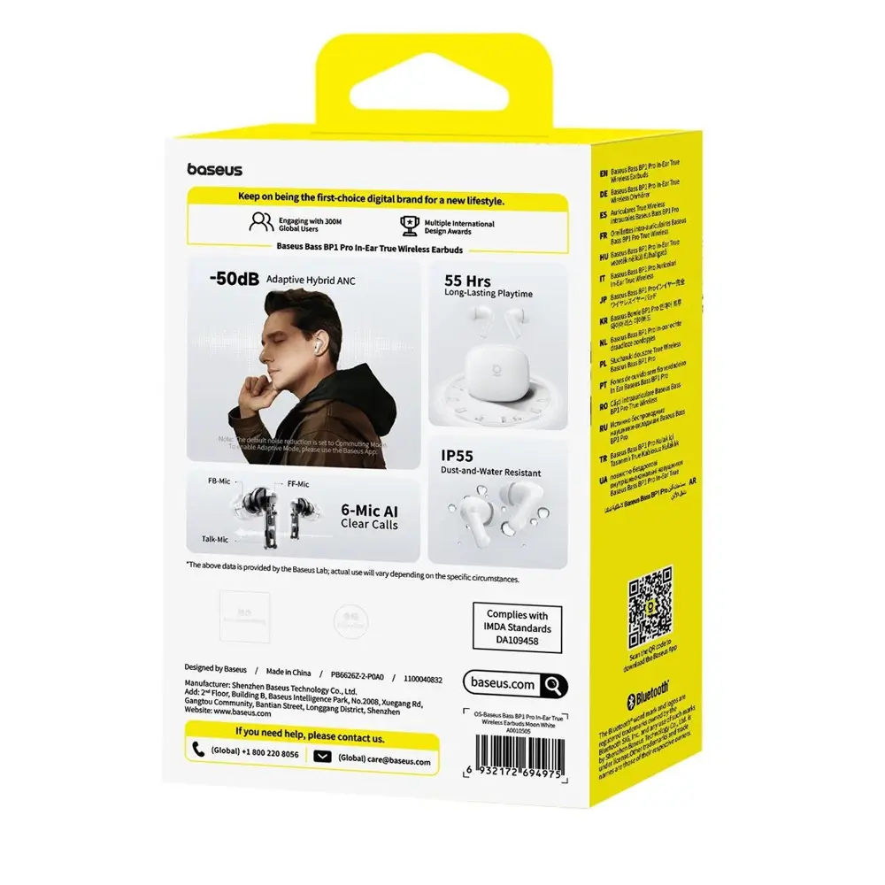 Baseus Bass BP1 Pro 50 dB Gürültü Engellemeli Kablosuz Kulaklık, 6 Mikrofonlu AI Net Arama, IP55, 55 Saat Oynatma Süresi, Bluetooth 6.0, Beyaz Promozone
