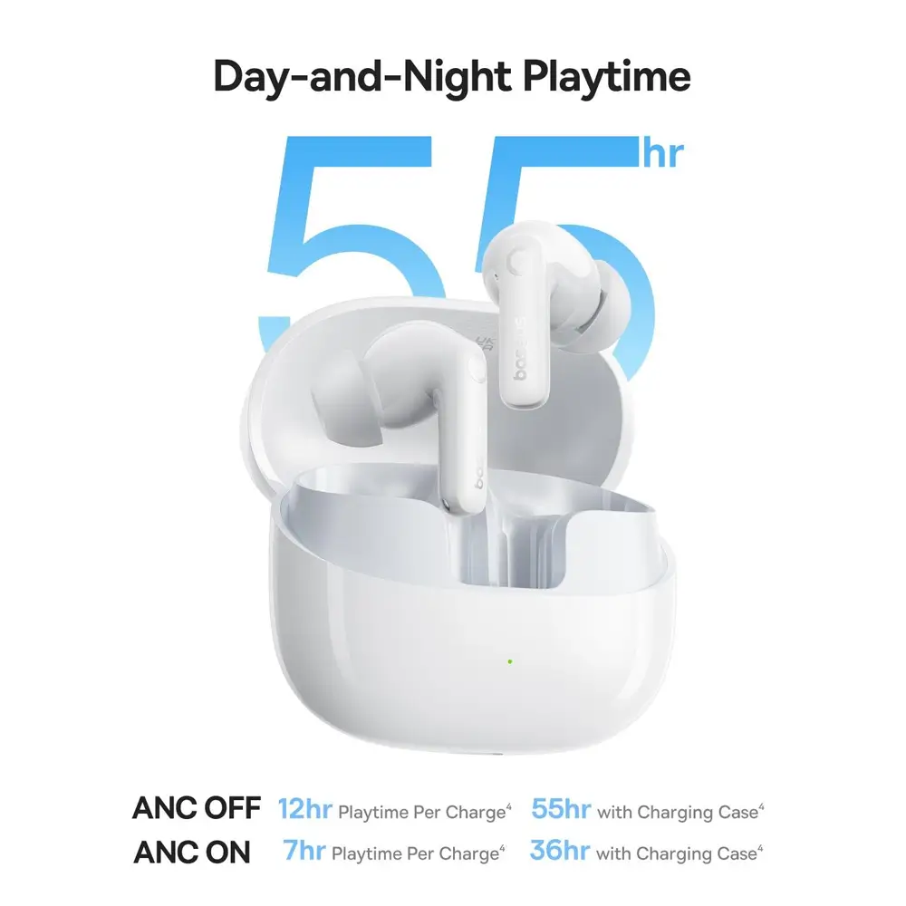 Baseus Bass BP1 Pro 50 dB Gürültü Engellemeli Kablosuz Kulaklık, 6 Mikrofonlu AI Net Arama, IP55, 55 Saat Oynatma Süresi, Bluetooth 6.0, Beyaz Promozone