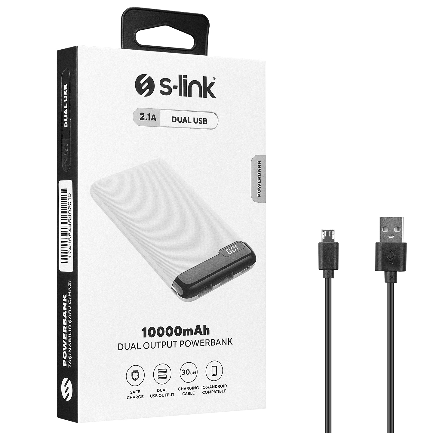S-link IP-K11 10000mAh 2*USB+Micro+Type-C Beyaz LCD Ekranlı Taşınabilir Pil Şarj Cihazı Promozone